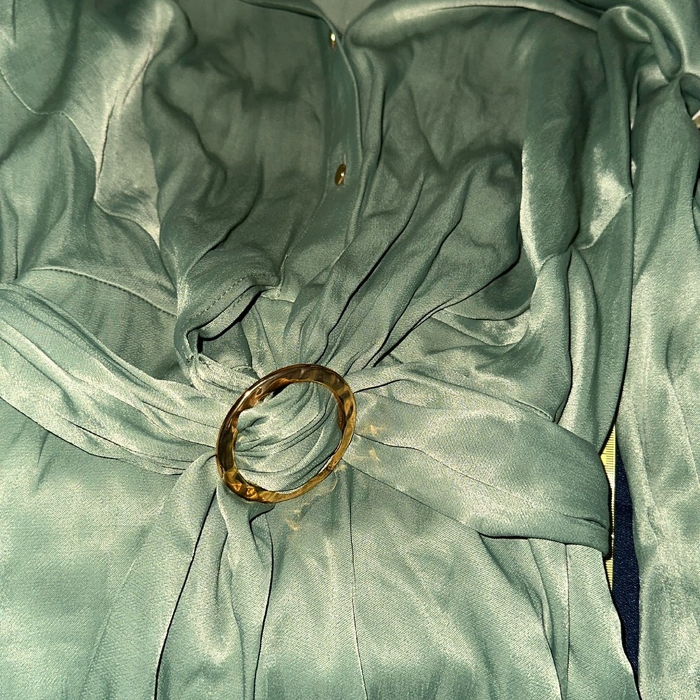 {VGUC} $89 ZARA Khaki Green Satin Belted Mini Shirt Dress - Picture 9 of 11
